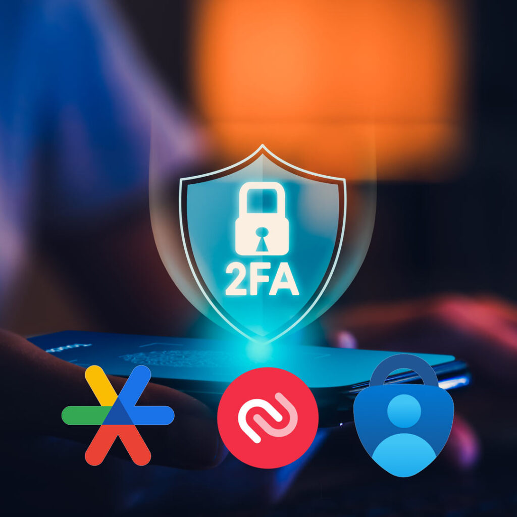 Digital Shield with "2FA" on it. Below are icons for Authenticator Apps.
